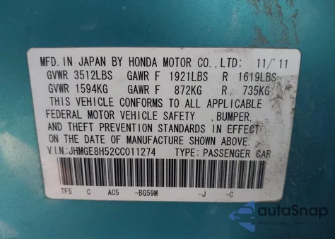 2012 Honda Fit Sport from USA, damaged, VIN JHMGE8H52CC011274